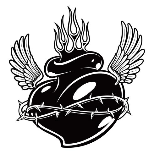 tattoo chicano heart with flames monochrome version vector