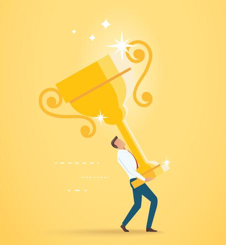 businessman lift the big gold trophy up. vector