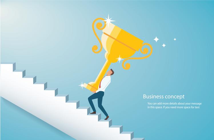 man holding the gold trophy climbing  stairs to success  vector