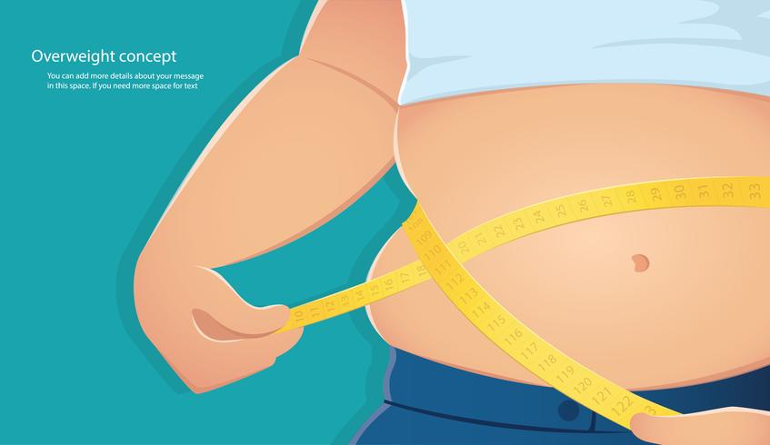 overweight, fat person use scale to measure his waistline with blue background vector