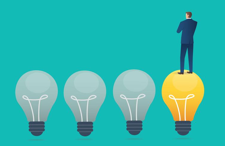 businessman standing on light bulb with blue background , creative thinking concept vector illustration