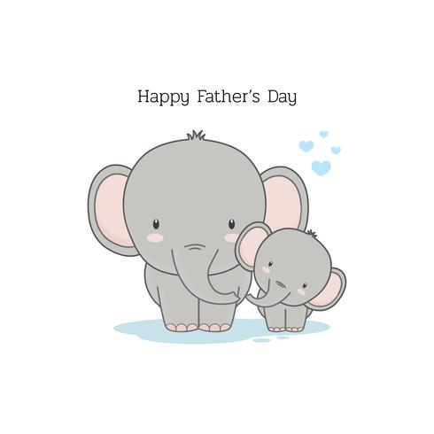 Tarjeta del día del padre con personajes de dibujos animados de elefante. vector