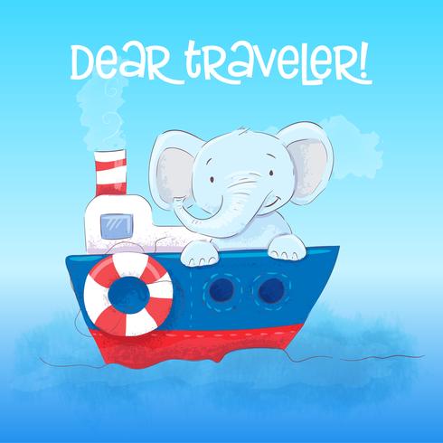 Poster cute little elefant floats on a boat. Cartoon style. Vector