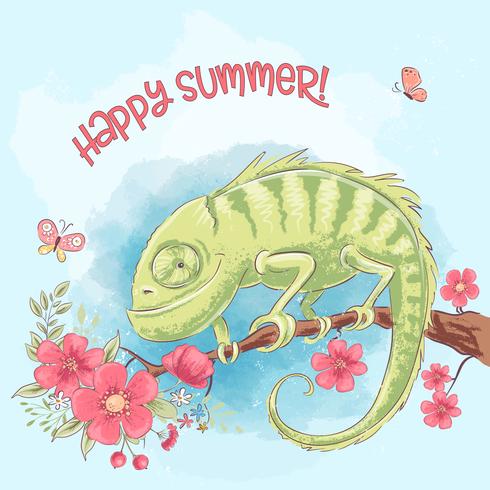 Poster cute chameleon on a branch and flowers. Cartoon style. Vector