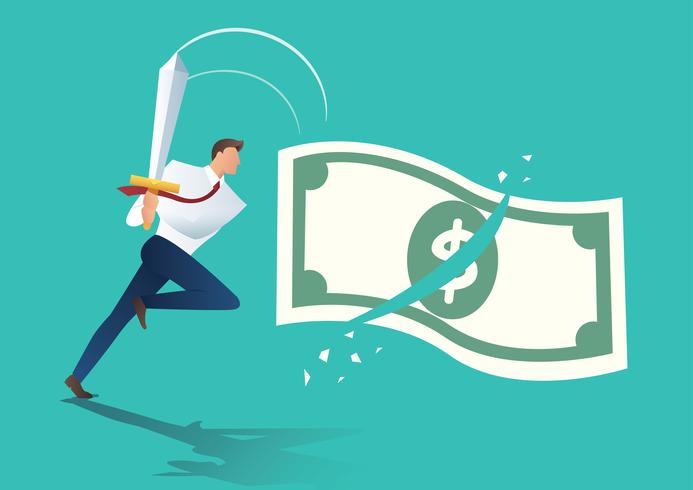 businessman holding sword and cuts money bill. business concept vector illustration