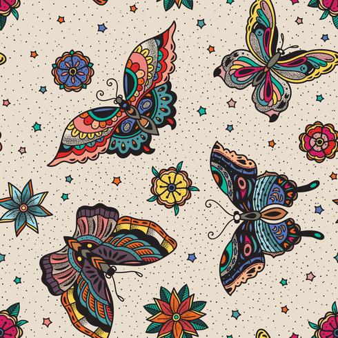 Estilo vintage tatuaje tradicional flash mariposas y flores de patrones sin fisuras vector