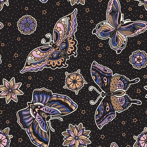 Vintage style traditional tattoo flash butterflies and flowers seamless pattern vector