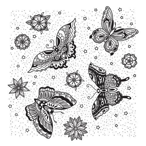 Colección de tatuaje de mariposa y flor en estilo old school. vector