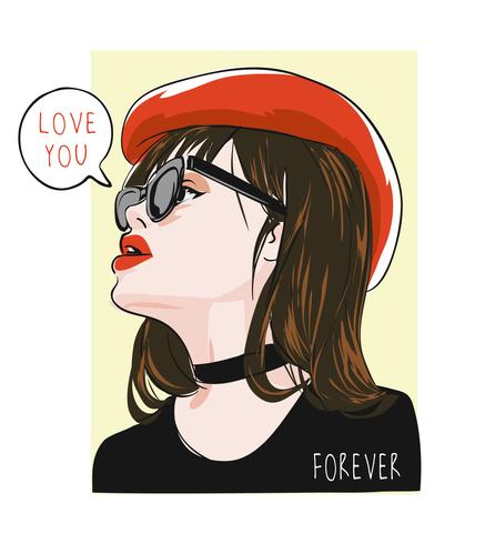love you forever with girl in red hat illustration vector