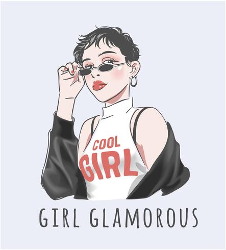 girl glamorous slogan with short hair girl illustration vector