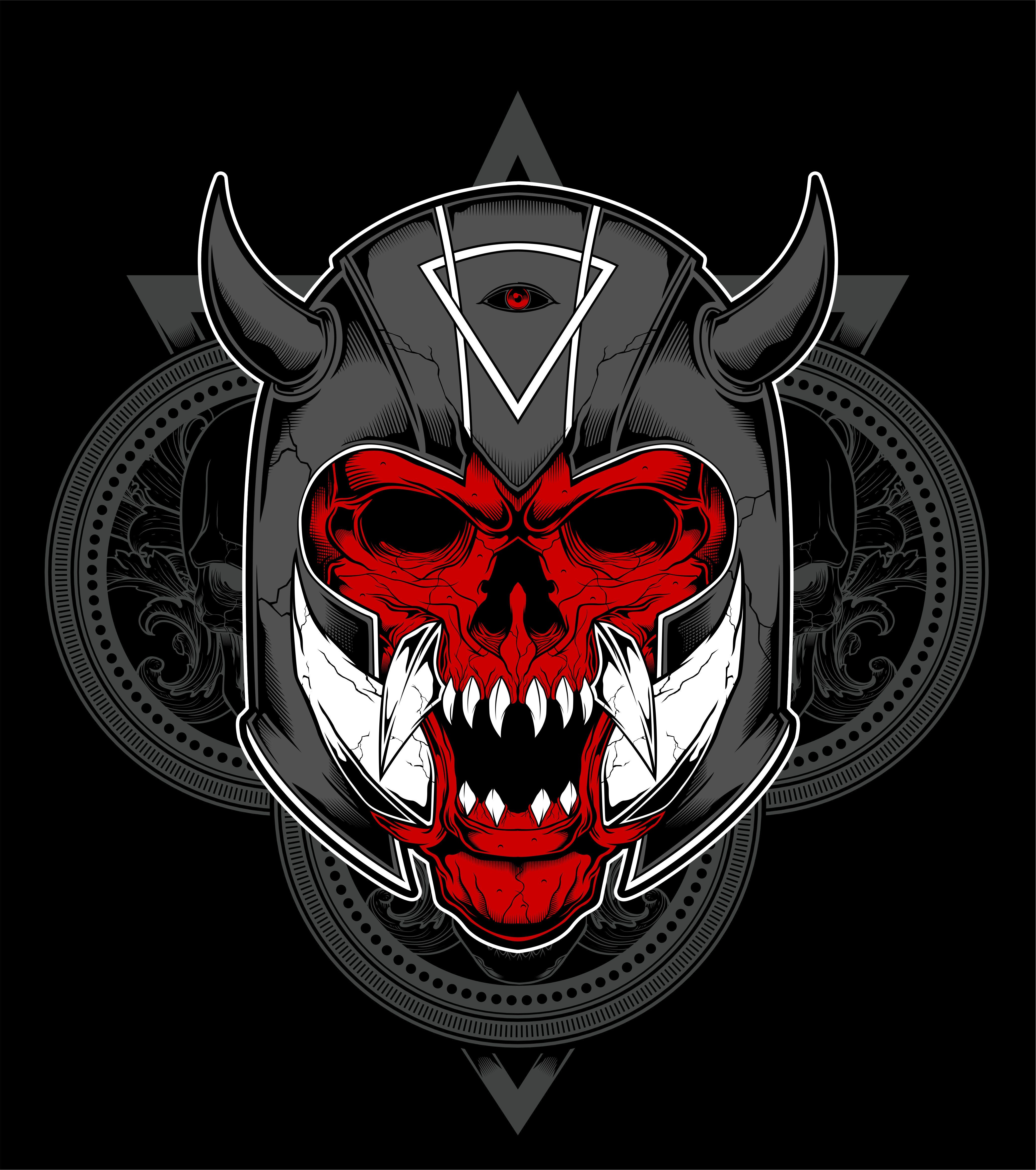 Hand drawn Spartan warrior skull wearing ancient helmet. Vector