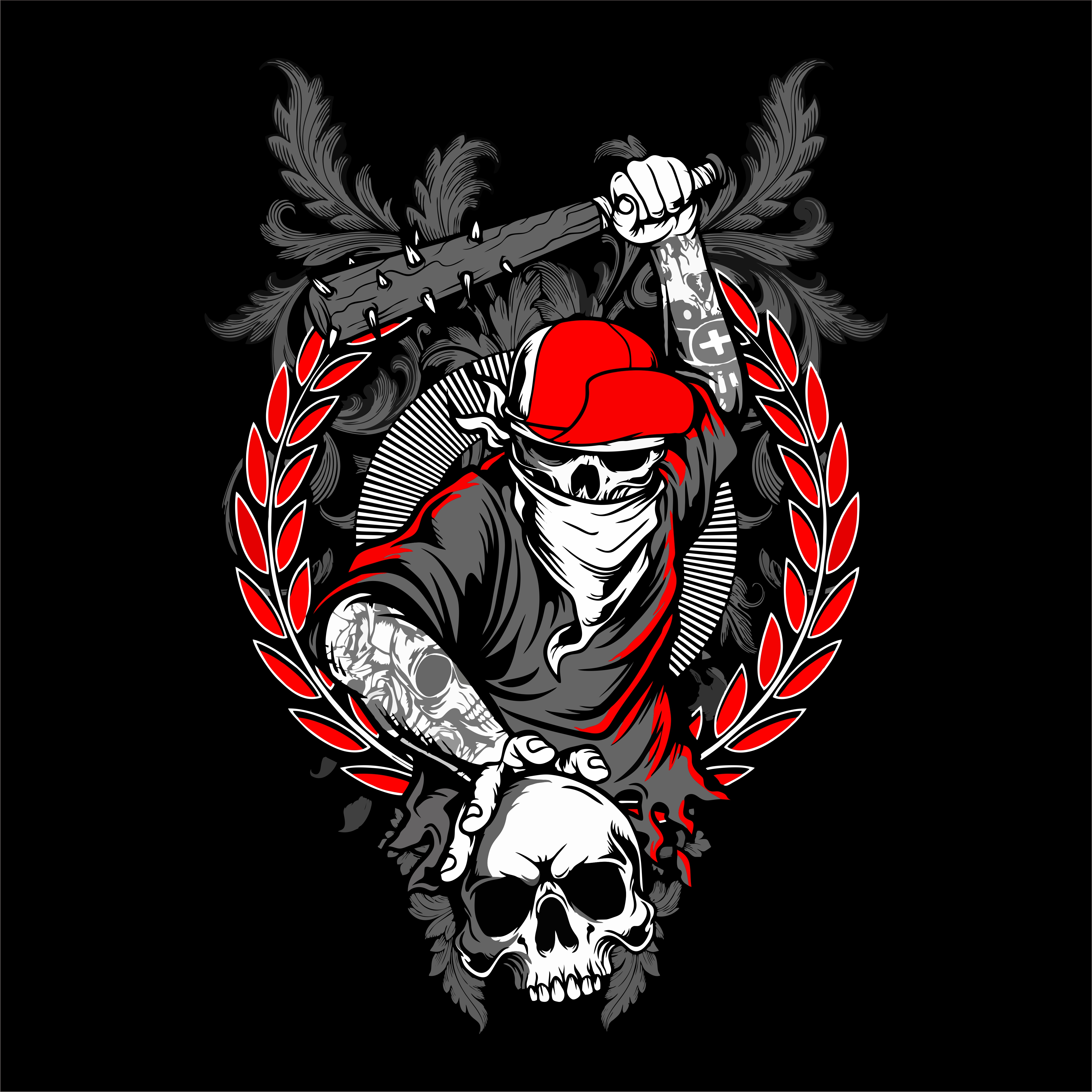 Gangster Skull With Bandana And Hat