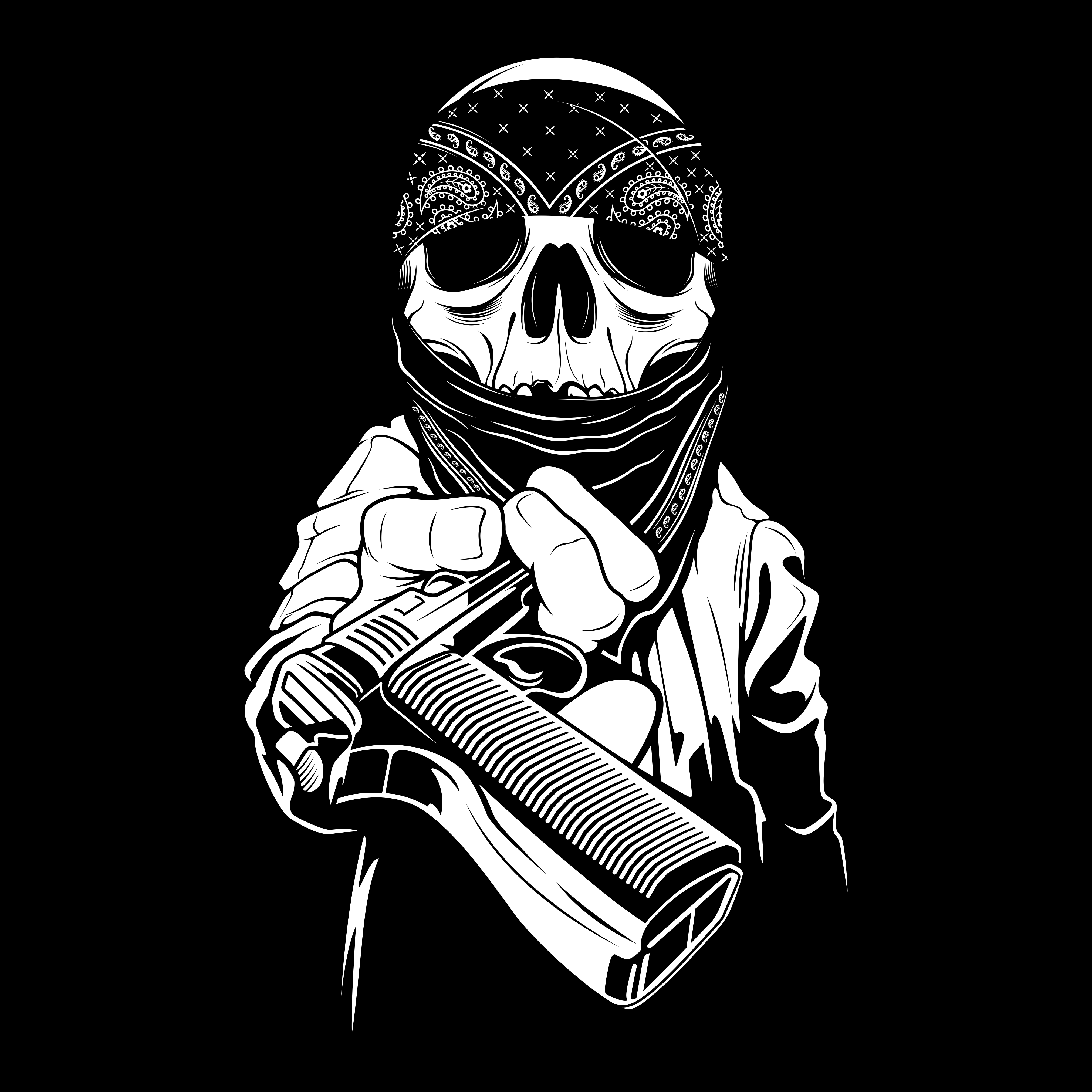 a skull wearing a bandana hands over a gun,vector 540848 - Download