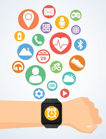 Mano con smartwatch y los iconos de aplicaciones en smartwatch vector