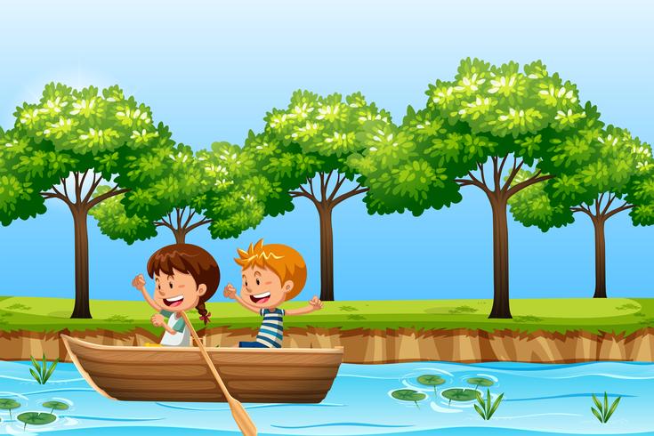 Children paddle wooden boat vector