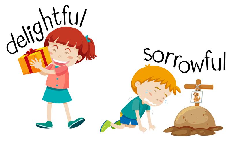 Opposite word of delighyful and sorrowful vector