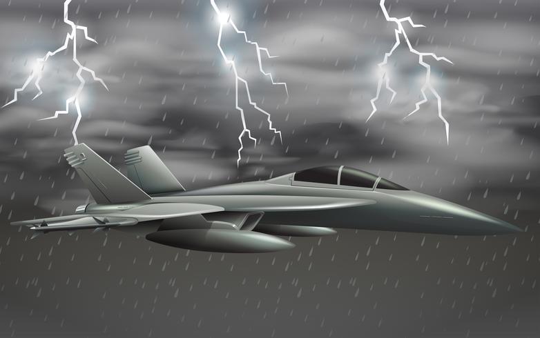 Un avión del ejército en el mal tiempo cielo. vector