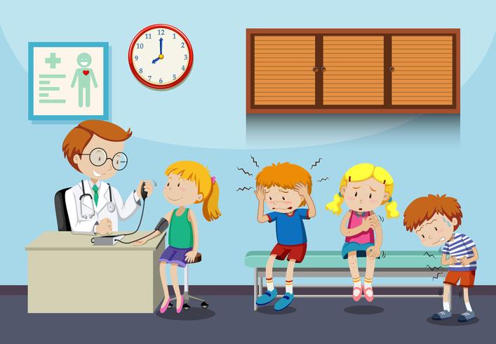 Niños enfermos esperan ver al doctor. vector