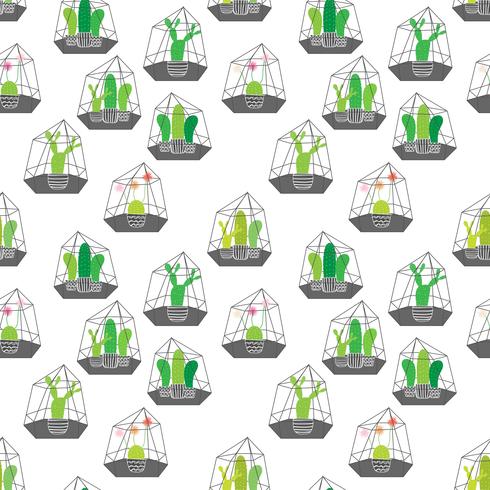 Cactuses In Glass Terrariums with Geometric Pattern Background. Vector Illustrations For Gift Wrap Design.