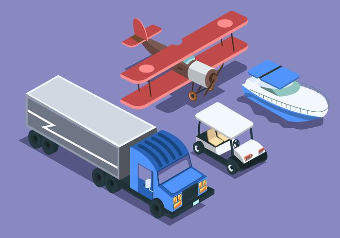 Isometric Transportation Clip art Set on Purple Background vector