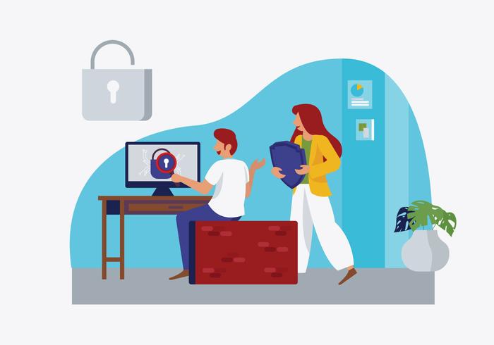 Usuario que comprueba en línea Cyber Security Vector ilustración plana