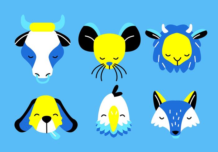 Animal Faces Head Set Vector Flat Illustration