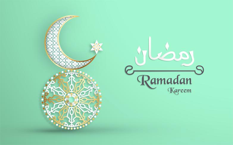 Plantilla para Ramadan Kareem en color verde y dorado. Diseño del ejemplo del vector 3D en el corte y el arte del papel para la tarjeta de felicitación islámica, invitación, cubierta de libro, folleto, bandera del web, anuncio.