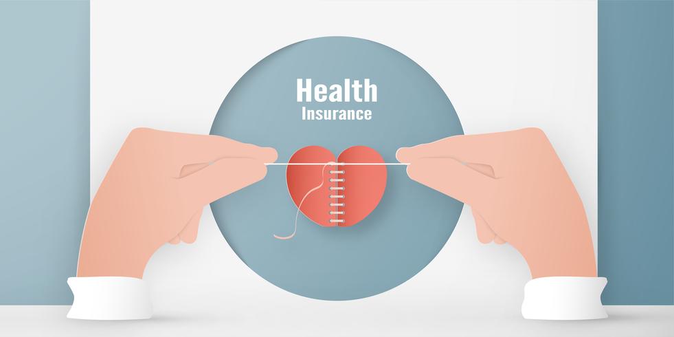 Vector illustration in concept of health insurance. Template design is on pastel blue background for cover, web banner, poster, slide presentation. Art Craft for kid in 3D paper cut style.