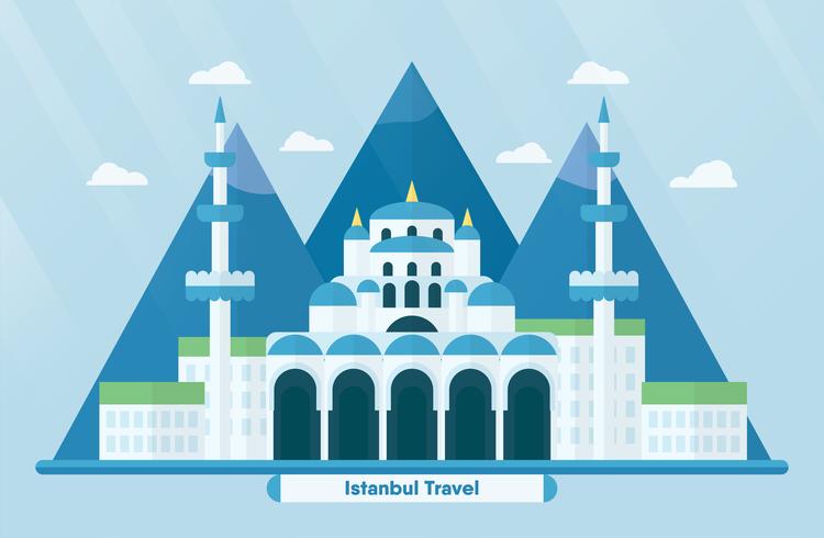 Turkey landmarks for travelling with Hagia Sophia in Istanbul and mountain. Vector illustration with copy space and flare of light on blue background.