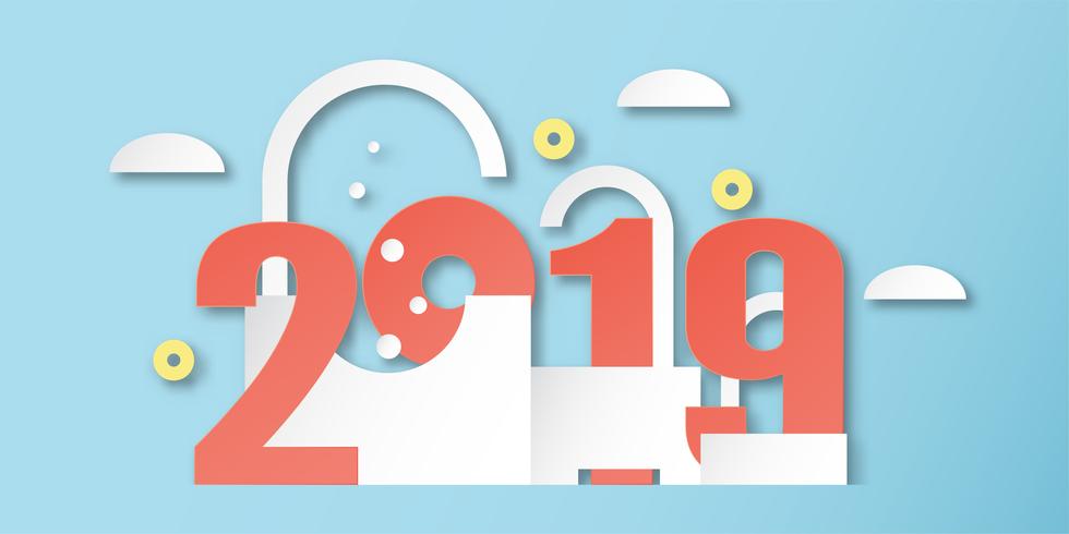 Happy New Year 2019 decoration on blue background. Vector illustration with calligraphy design of number in paper cut and digital craft. Minimal style.