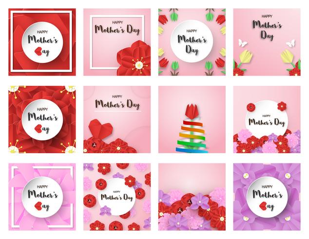 Bundle template design for happy mother's day. Vector illustration in paper cut and craft style. Decoration background with flowers for invitation, cover, banner, advertisement.