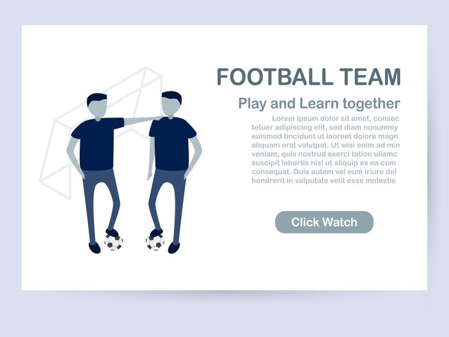 Website template design isolated on white background with copy space in blue tone. Vector illustration for UXUI with character of soccer players.