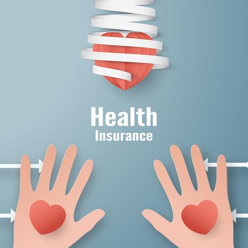 Vector illustration in concept of health insurance. Template design is on pastel blue background in 3D paper cut style. 