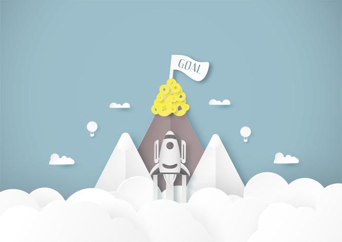 Vector illustration with start up concept in paper cut, craft and origami style. Rocket on the sky.