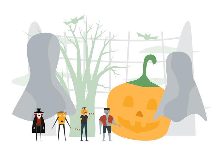 Minimal scene for halloween day, 31 October, with monsters that include dracula, pumpkin man, frankenstein. Vector illustration isolated on white background.