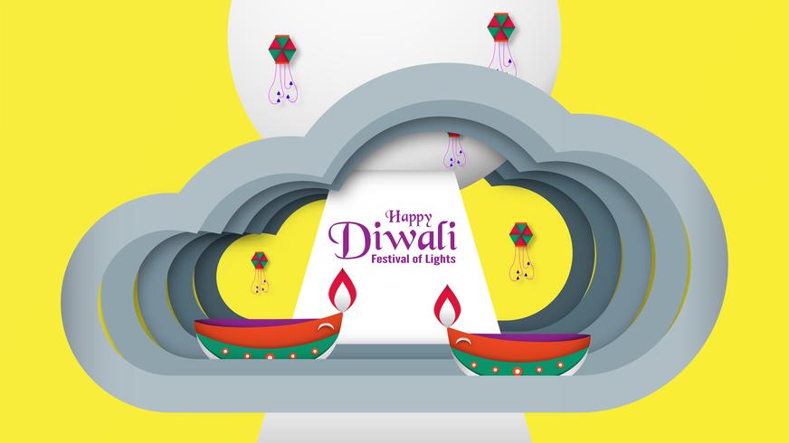 Diwali es un festival de luces de hindú para el fondo de invitación, banner web, publicidad. Diseño de ilustración vectorial en papel cortado y estilo de arte. vector