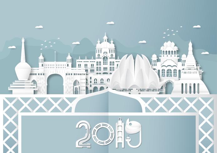 April 03, 2019 Top famous landmark and building of India country for travel and tour. Vector illustration design in paper cut and craft style on blue background.