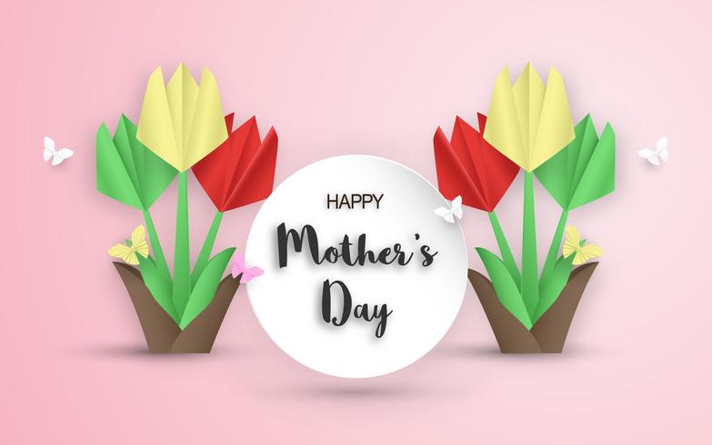 Diseño de plantillas para el feliz día de la madre. Ilustración vectorial en papel cortado y estilo artesanal. Fondo de la decoración con flores para la invitación, portada, banner, anuncio. vector