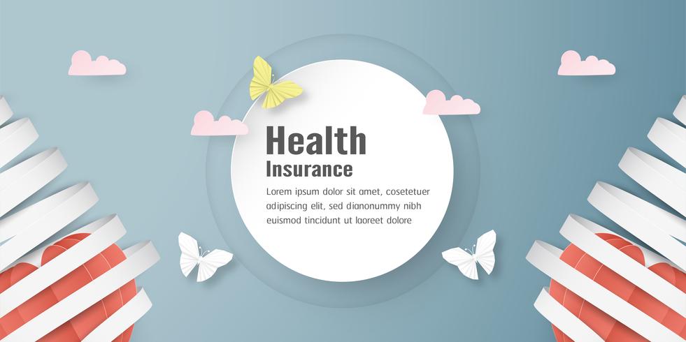 Vector illustration in concept of health insurance. Template design is on pastel blue background in 3D paper cut style.