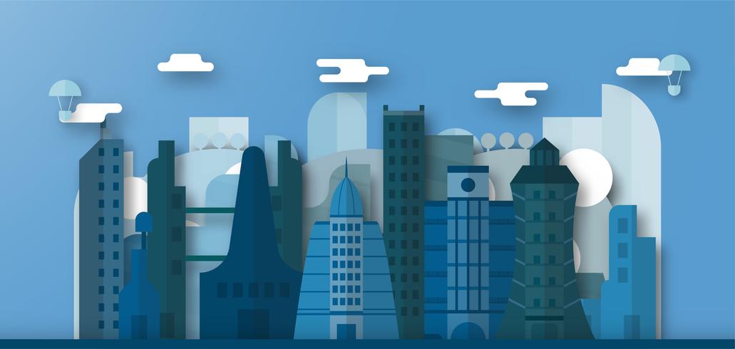 Pop up diseño de edificios urbanos y ciudad futura con cielo azul y nubes. Ilustración de vector con la ciudad plana en el estilo de corte de papel. Tendencia de hito para el centro del mundo y gran país.