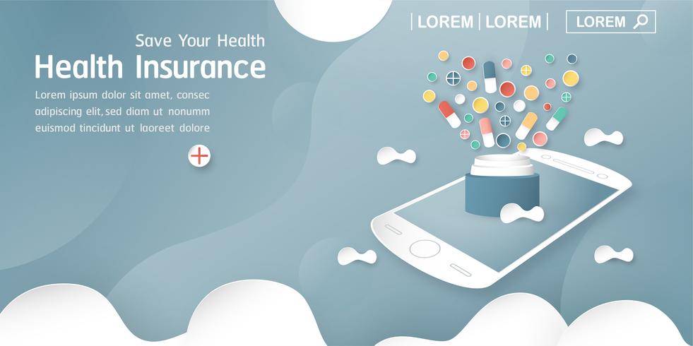 Vector illustration in concept of health insurance. Template design is on pastel blue background for cover, web banner, poster, slide presentation. Art Craft for kid in 3D paper cut style.