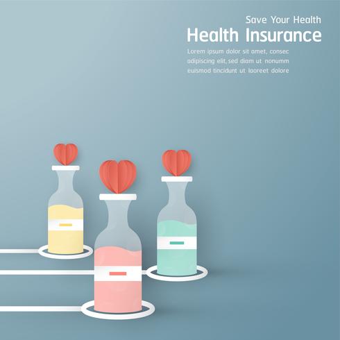 Vector illustration in concept of health insurance. Template design is on pastel blue background for cover, web banner, poster, slide presentation. Art Craft for kid in 3D paper cut style.