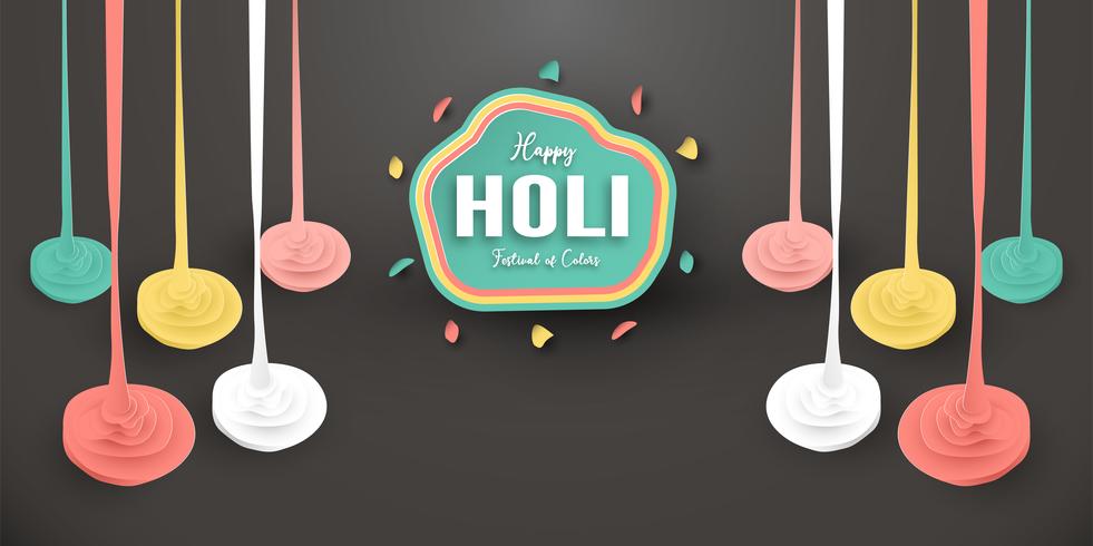 Feliz Holi, Festival de los Colores. Diseño de elementos de plantilla para plantilla, banner, cartel, tarjeta de felicitación. Ilustración vectorial en papel cortado, artesanal, tipo origami con estilo plano laico. vector