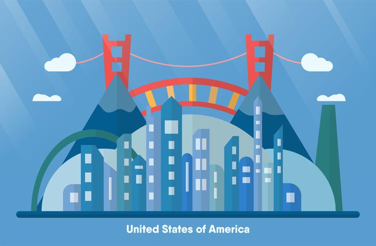 Puntos de referencia de Estados Unidos para viajar con la ciudad urbana, puerta de oro y montaña. Vector el ejemplo con el espacio de la copia y la llamarada de la luz en fondo azul.