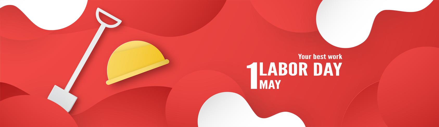 Happy Labor day on 1 May of years. Template design for banner, poster, cover, advertisement, website. Vector illustration in paper cut and craft style on red background.