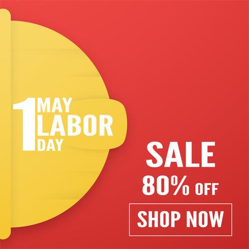 Happy Labor day on 1 May of years. Template design for banner, poster, cover, advertisement, website. Vector illustration in paper cut and craft style on red background.