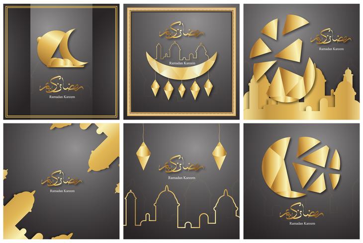 Plantilla de paquete para Ramadan Kareem en color negro y dorado. Diseño de vectores 3D en papel cortado y manualidades para tarjetas de felicitación islámicas, invitación, portada de libros, folletos, banner web, publicidad.