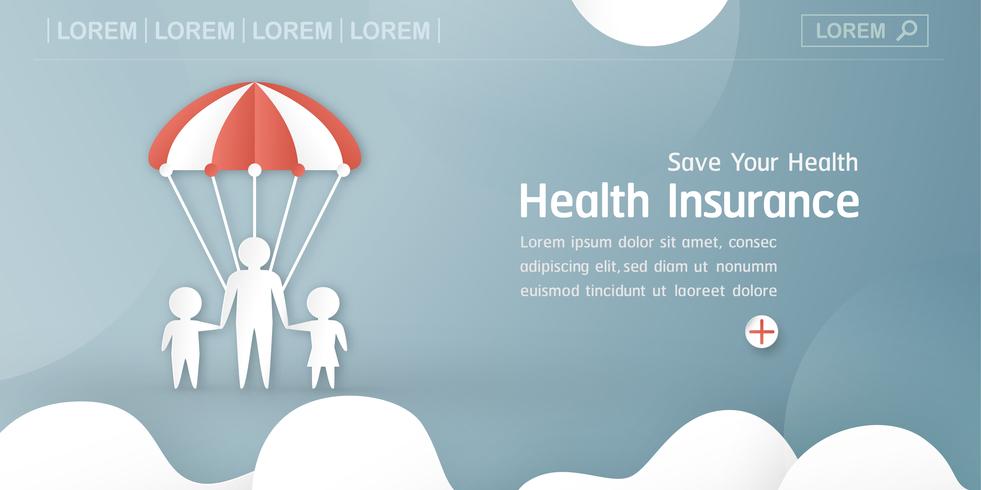 Vector illustration in concept of health insurance. Template design is on pastel blue background for cover, web banner, poster, slide presentation. Art Craft for kid in 3D paper cut style.