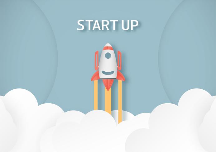 Vector illustration with start up concept in paper cut, craft and origami style. Rocket on the sky.