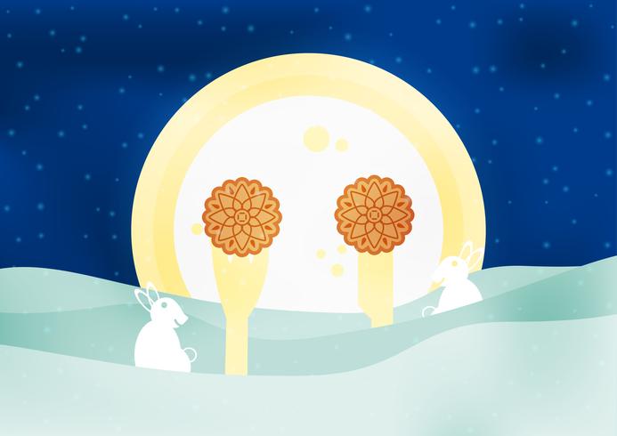 Festival de mediados de otoño para los chinos en diseño plano. Vector la ilustración en fondo azul con la luna, conejo, mooncakes.